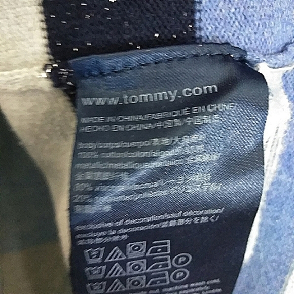 Tommy Hilfiger Fitted Cotton V-neck Blue Metallic Thread Striped Sweater Top - Picture 5 of 5